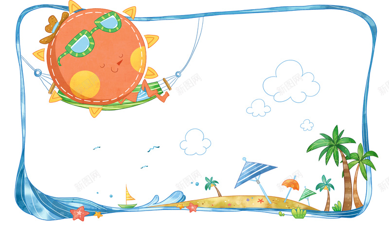 童趣手绘太阳旅游背景素材jpg设计背景_新图网 https://ixintu.com 太阳 沙滩 童趣 手绘 卡通 可爱 白云 棕榈树 海洋 浪花 眼镜 度假 放假 旅游 欢乐 微笑