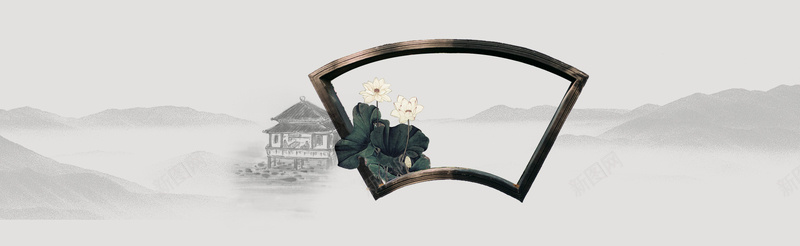 中国风复古扇面边框荷花背景背景