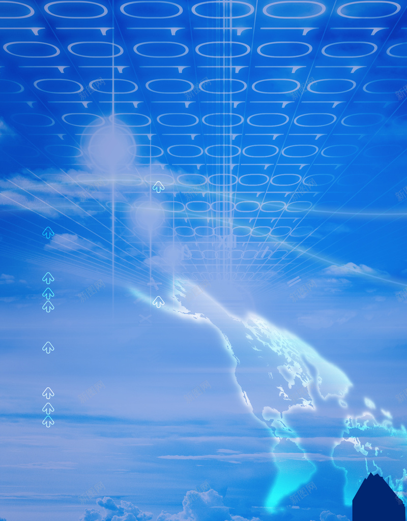 蓝色酷炫光芒科技商务平面广告psd设计背景_新图网 https://ixintu.com 商务背景 科技背景 蓝色背景 光芒 酷炫 平面广告 云海 建筑剪影 互联网 网络