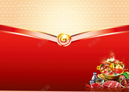 中国红黄金色格子美食火锅海报背景