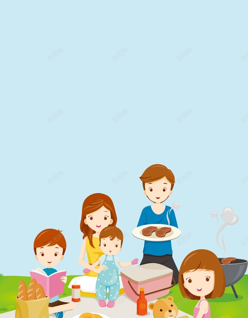 和睦家庭家庭日蓝色卡通亲子宣传psdjpg设计背景_新图网 https://ixintu.com psd 亲子宣传 卡通亲子旅行一家人 卡通人物 和睦家庭 家庭日 手绘全家 插画人物 父母孩子 蓝色背景 野餐