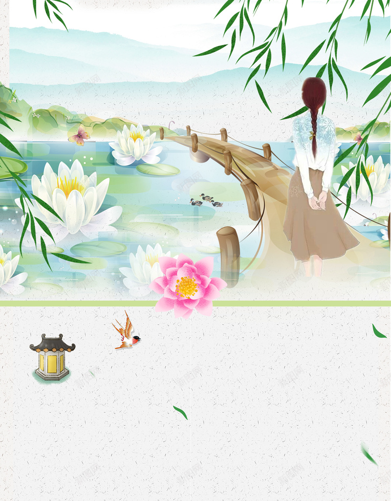 手绘风景立夏节气海报psd设计背景_新图网 https://ixintu.com 24节气 立夏节气 荷塘月色 立夏 荷花 夏日 夏天 二十四节气 女孩 柳叶 手绘 桥