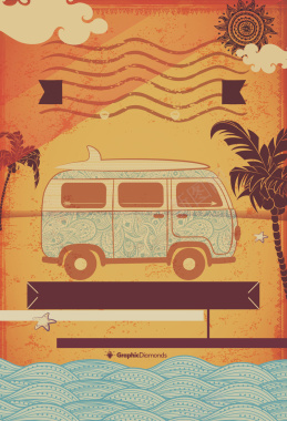 黄色复古插画汽车旅行海报背景背景