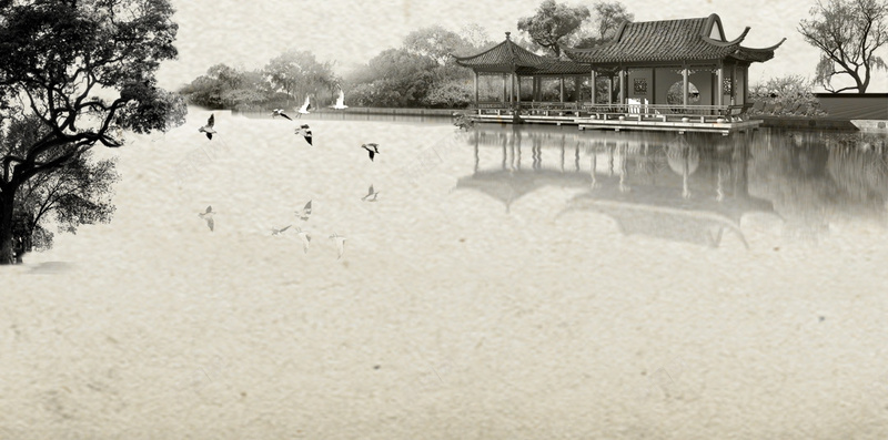 湖面上的亭子倒影H5素材背景psd设计背景_新图网 https://ixintu.com 湖面 黄色背景 斑点 纹理 亭子 建筑 中国风 H5素材 白鹤 大树