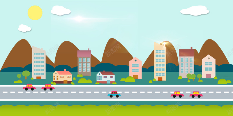 卡通城市道路背景psd设计背景_新图网 https://ixintu.com 卡通 城市 道路 车子 房子 童趣 手绘