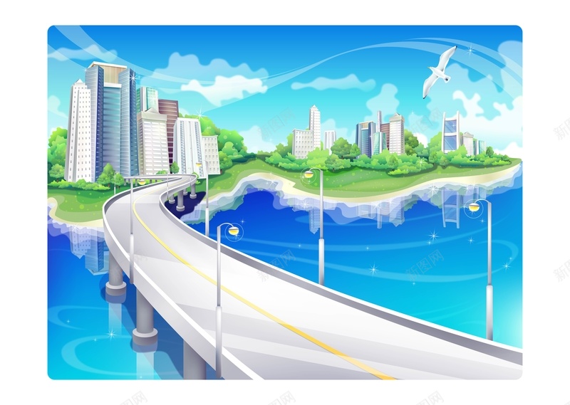 港口卡通城市矢量素材模板psd设计背景_新图网 https://ixintu.com 卡通 城市 海报 港口 矢量 大海 建筑 桥梁 AI 童趣 手绘