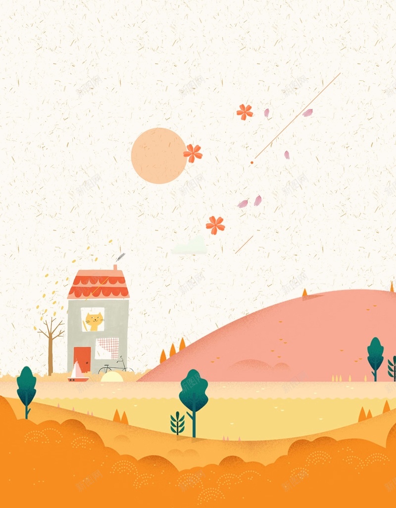简约扁平秋季风景psd设计背景_新图网 https://ixintu.com 扁平 秋季 简约 花瓣 风景 房子 清新 树木