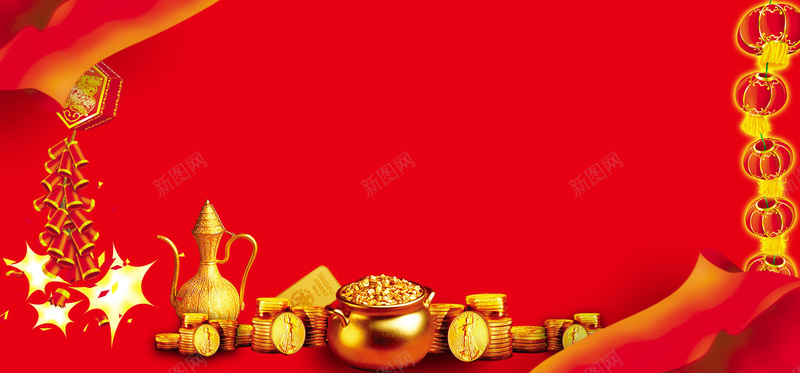 喜庆春节金融海报psd设计背景_新图网 https://ixintu.com 金子 灯笼 鞭炮 红绸 喜庆 金器 春节 金融 海报 金融背景