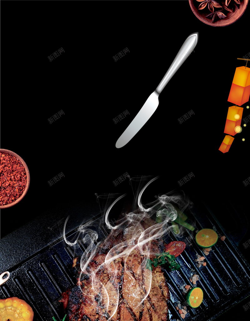 黑色简约美味烤肉海报psd设计背景_新图网 https://ixintu.com 烤肉促销海报 夏季 烤串 烧烤 刀 美味烤肉 配料 灯笼 黑色背景 简约 餐饮 美食