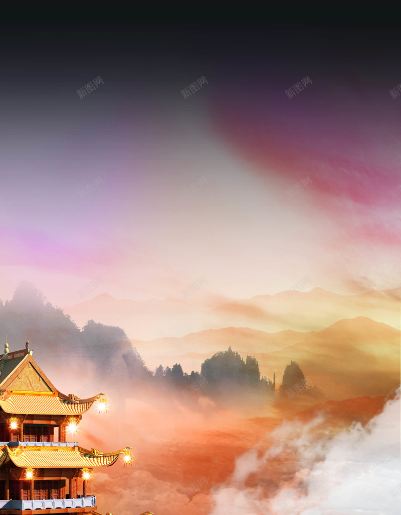古建筑金色云层商业海报psd设计背景_新图网 https://ixintu.com 中国风 云层 元宵 元宵节 古建筑 吉祥如意 新年 新春 梦幻 浪漫 温暖 金色 闹元宵 龙年 龙年吉祥