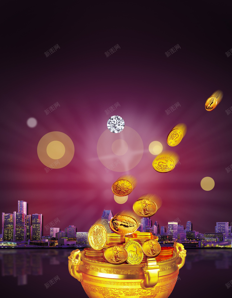 金融投资紫色背景素材psd设计背景_新图网 https://ixintu.com 倒影 商务 城市 夜景 投资 理财 紫色 聚宝盆 聚宝盆图 背景素材 金币 金色 金融 钻石