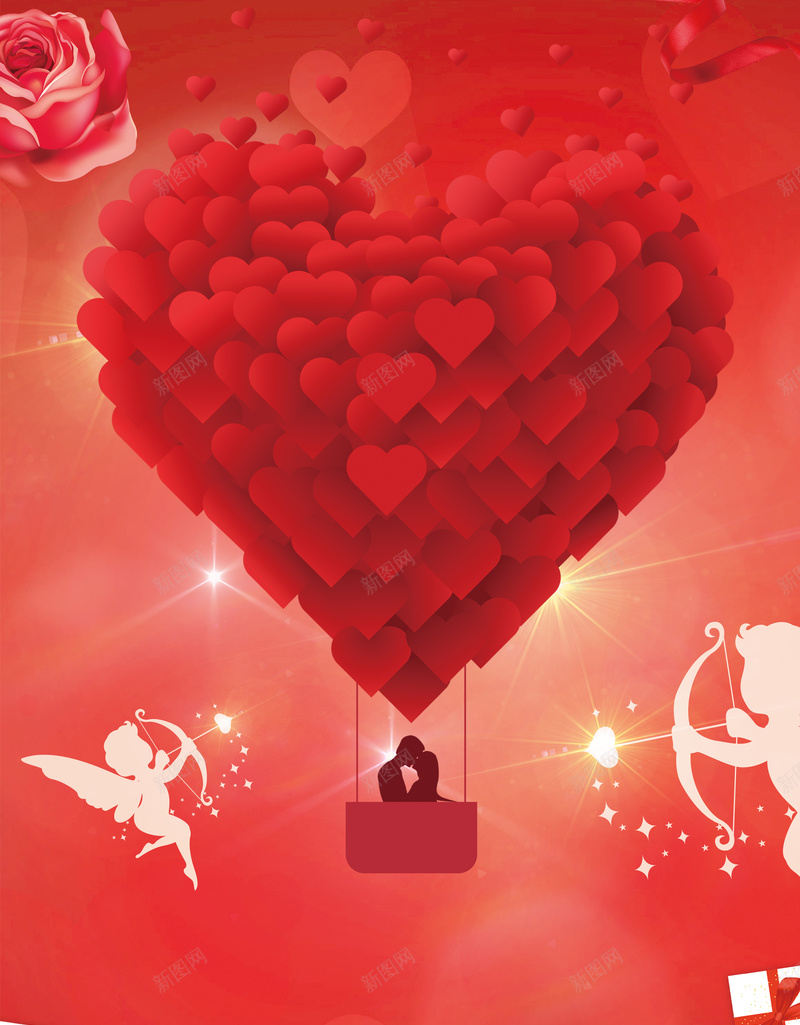 红色扁平浪漫情人节促销海报psd设计背景_新图网 https://ixintu.com 丘比特 情人节 促销 浪漫 爱心 热气球 礼物盒 520 表白日 玫瑰