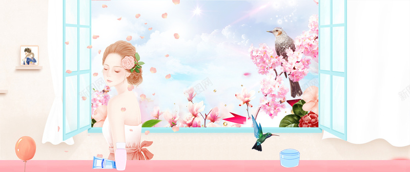 美妆节文艺手绘浪漫花朵蓝bannerpsd设计背景_新图网 https://ixintu.com 化妆 美妆节 美妆 化妆品 文艺 小清新 简约 素材 广告 设计 背景 女生 几何 窗口 花瓣 手绘