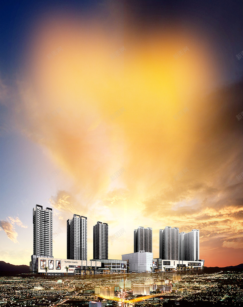 金色渐变商业地产背景图psd设计背景_新图网 https://ixintu.com 房地产 商业地产 购物中心 旺铺 渐变 楼盘 云彩 金色 建筑物气势 扁平 几何