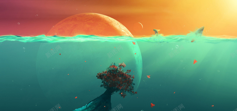 唯美大海月亮卡通bannerjpg设计背景_新图网 https://ixintu.com 卡通 唯美 大海 月亮 鲸鱼 海报banner 童趣 手绘