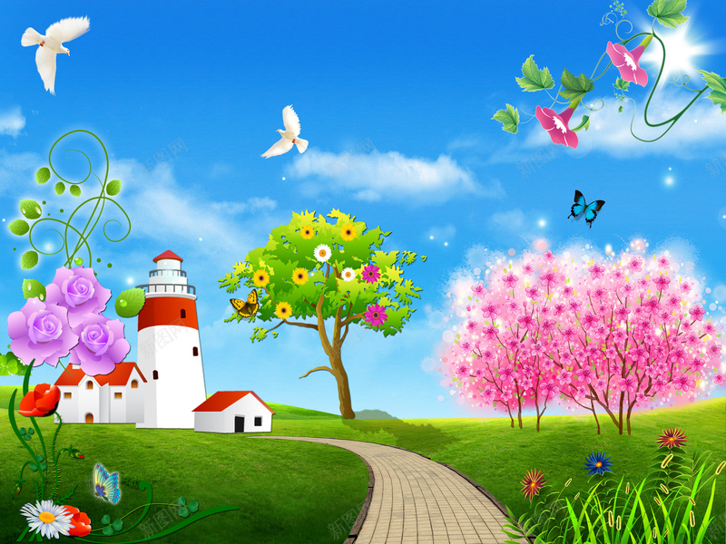 蓝天白云绿色风景画海报背景素材psd设计背景_新图网 https://ixintu.com 绿色风景画 蓝天白云 樱花 蝴蝶 树 卡通儿童风景画 卡通房子 草原 草坪 装饰花草 天麻花 花 鲜