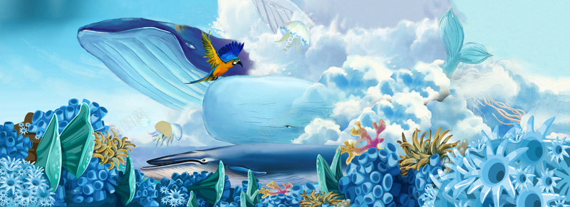 蓝色海底卡通鲸鱼背景psd设计背景_新图网 https://ixintu.com 蓝色 海底 卡通 鲸鱼 海报banner 童趣 手绘