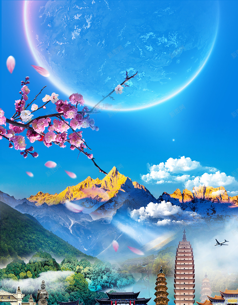 云南美景蓝色简约清新风景背景jpg设计背景_新图网 https://ixintu.com 云南美景 风景背景 清新 简约 蓝色 花瓣 桃花 雪峰 景点