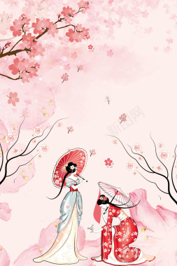 浅粉色唯美手绘古装美女樱花背景背景