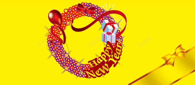 新年元旦黄色背景jpg设计背景_新图网 https://ixintu.com 元旦海报 彩带 新年 新春 气球 蝴蝶结 黄色 海报banner 扁平 渐变 几何