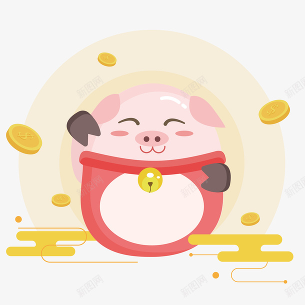 可爱小猪免抠素材png免抠素材_新图网 https://ixintu.com 扁平化 设计图 矢量图案 金色钱币 彩色底纹 新年大吉