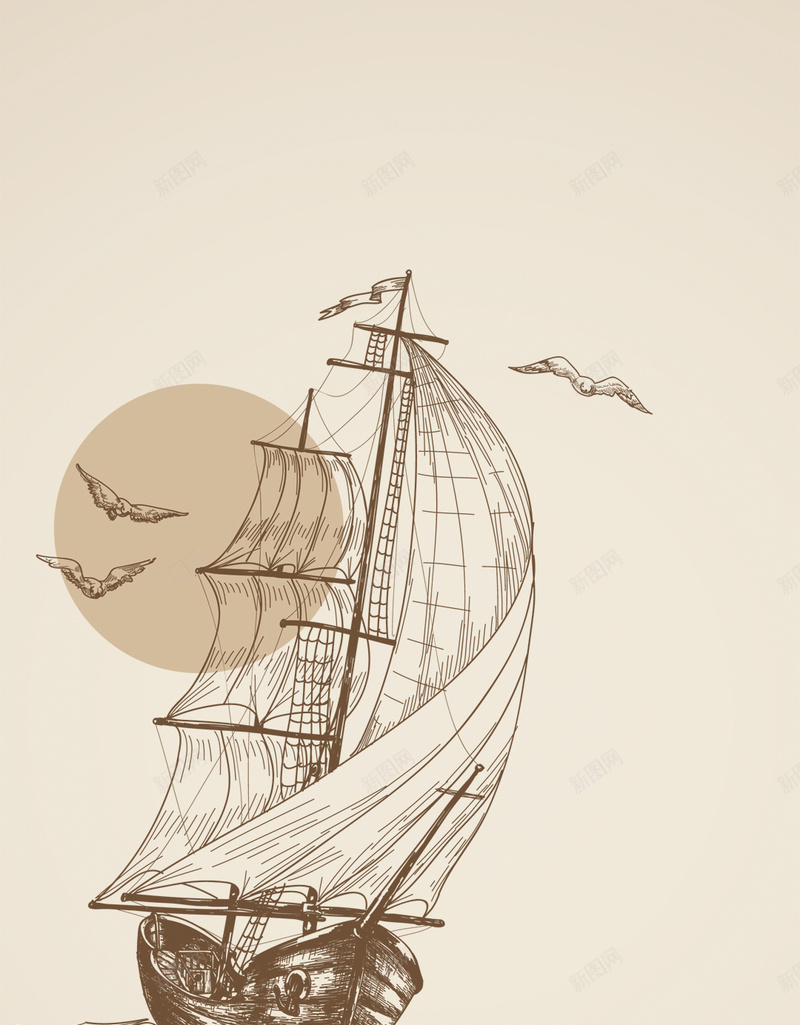 手绘文化H5背景psd设计背景_新图网 https://ixintu.com 手绘 文化 船只 线条 飞鸟 文化背景 泼墨 黄底 海上