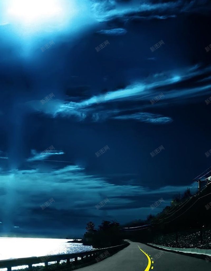 夜晚的公路H5背景jpg设计背景_新图网 https://ixintu.com 风景 公路 海 天空 月亮 H5背景 H5 h5 摄影