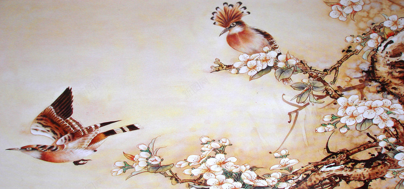 手绘花鸟图背景jpg设计背景_新图网 https://ixintu.com 手绘 工笔画 鸟 花枝 桃花 花鸟图 中国风 海报banner