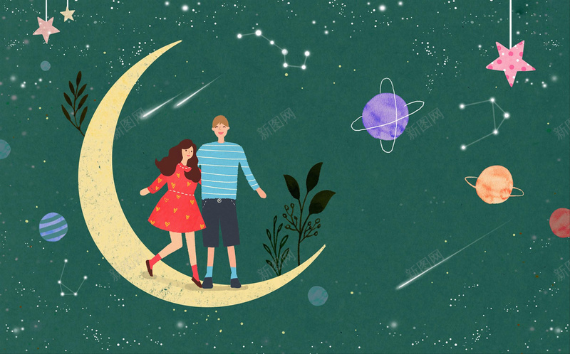卡通浪漫情侣背景素材jpg设计背景_新图网 https://ixintu.com 卡通星球 情侣 星球 月亮 站立 星星 卡通情侣 流星 背景 海报