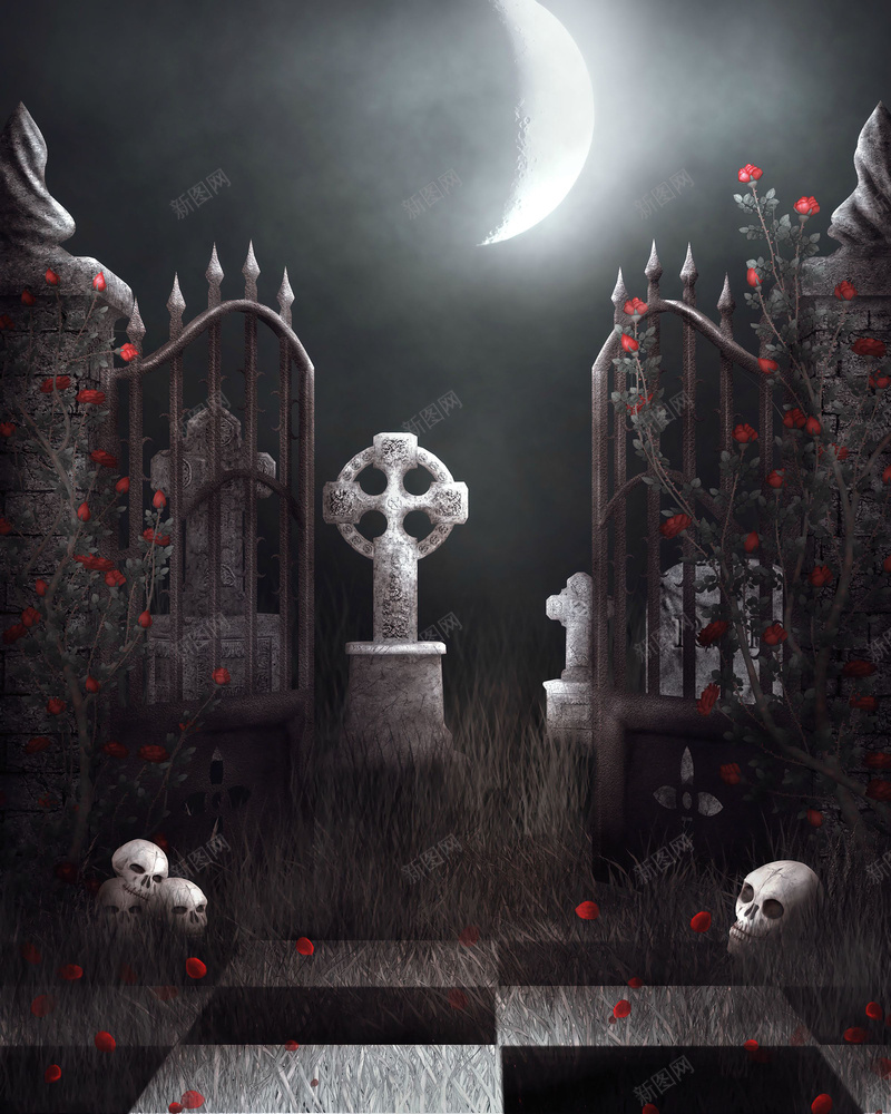 诡异花园月夜背景psd设计背景_新图网 https://ixintu.com 骷髅头 弯月 梦幻 花园 诡异 大门 玫瑰花 建筑 夜色 美丽