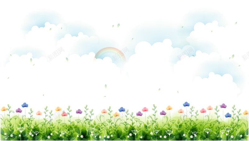 手绘绿色花草背景psd设计背景_新图网 https://ixintu.com 手绘 树叶 线条 花草 蓝天 花朵 水彩 卡通 童趣
