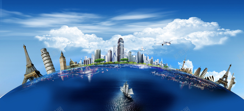 时尚建筑背景psd设计背景_新图网 https://ixintu.com 白云 大厦 高楼 横幅 蓝天 时尚 海报 PSD分层素材 海报banner 商务 旅游