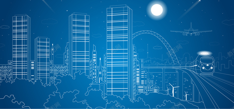 手绘城市建筑背景bannerpsd设计背景_新图网 https://ixintu.com 蓝色背景 城市 手绘 月色 简约 月亮 城市夜晚 全屏背景 banner