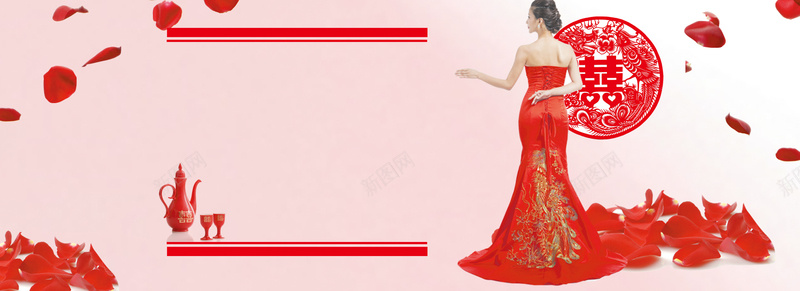 婚庆主题海报bannerjpg设计背景_新图网 https://ixintu.com 中国婚 喜结良缘 女性背影 婚庆主题海报 开心 影楼模板 晚礼服 瓣婚纱摄影海报 美女背影 飘舞的玫瑰花 龙凤剪纸囍