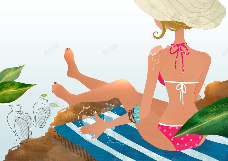 手绘唯美度假美女海报背景模板psd设计背景_新图网 https://ixintu.com 海报背景模板 度假美女 叶子 唯美 手绘 化妆品 海报背景 女性海报 条纹毯子 海边