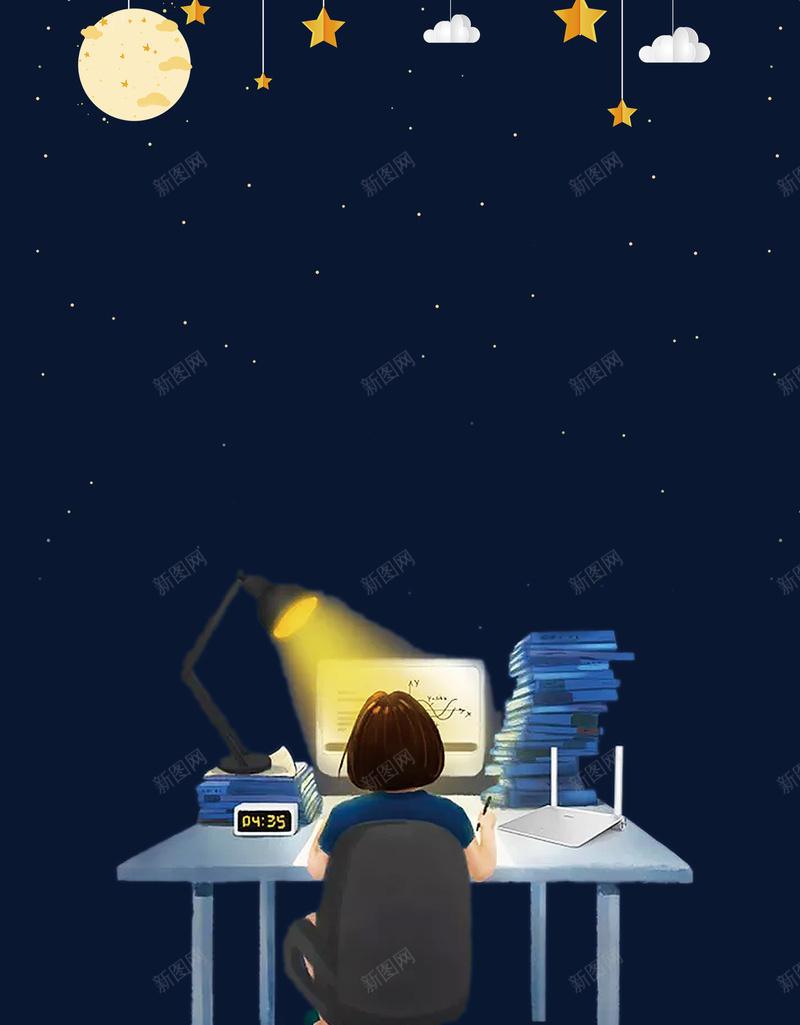 高考倒计时学校海报jpg设计背景_新图网 https://ixintu.com 中考冲刺 备战中考 备战高考 高考冲刺 毕业季 金榜题名 深蓝色 卡通 月亮 星星