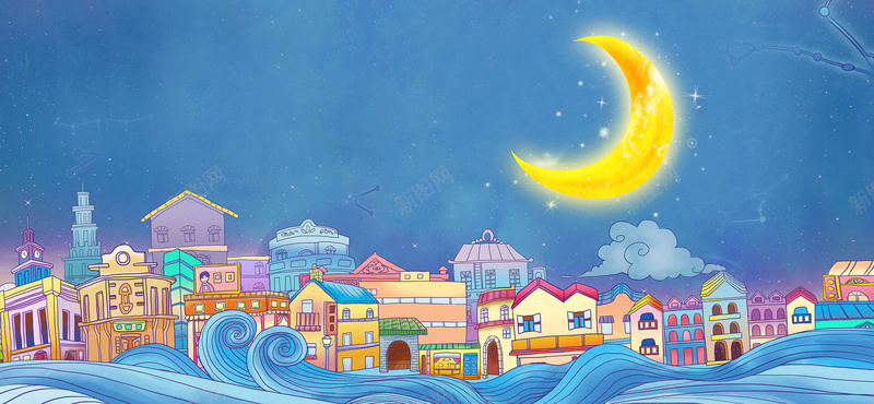 夏日静谧夜景电商海报背景psd设计背景_新图网 https://ixintu.com 城市海报 城市背景 夏日背景 月亮海报 月亮背景 夏日海报 静谧背景 蓝色背景