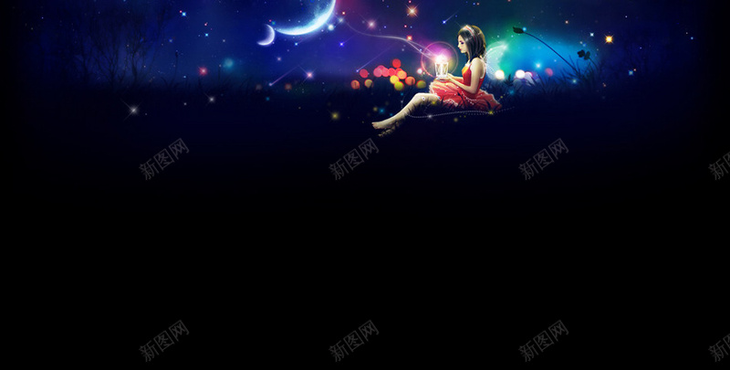 手绘美女背景jpg设计背景_新图网 https://ixintu.com 唯美 夜色 手绘 月亮 美女 详情页海报 卡通 童趣