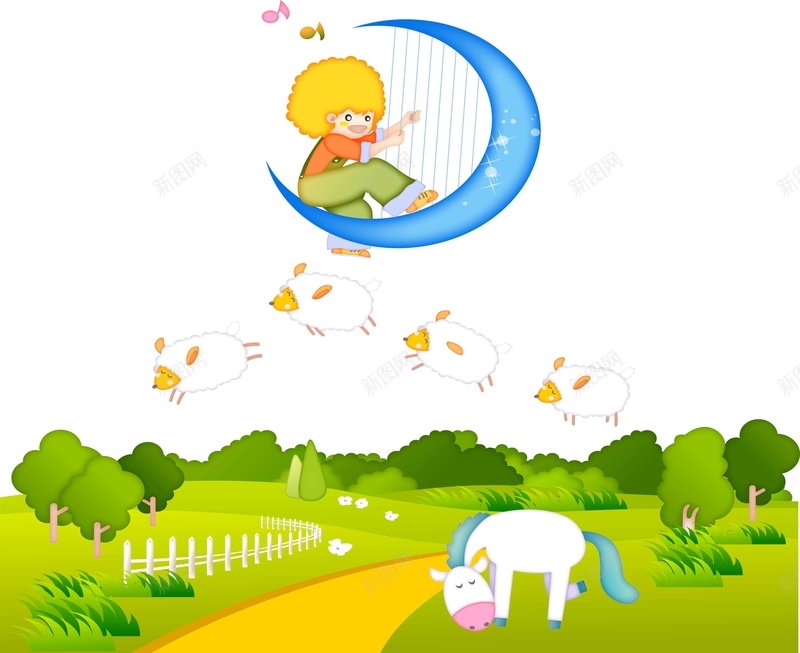 卡通草地插画背景素材eps设计背景_新图网 https://ixintu.com 低头马 卡通 卡通风景 卡通马 月亮 海报 漫画 漫画人物 绿叶 绿树 背景 草地ps素材