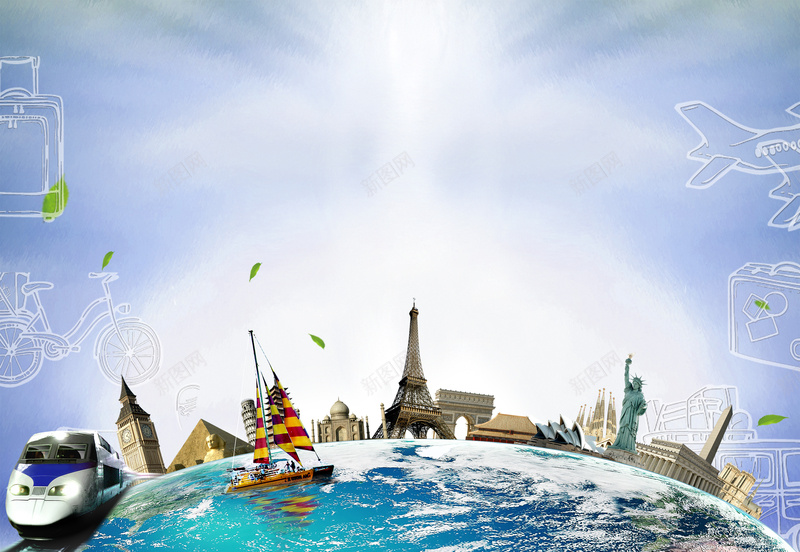 时尚创意世界风景旅游海报背景jpg设计背景_新图网 https://ixintu.com 创意 卡通 手绘 时尚 线条 图案 地球 世界名胜 建筑 旅游 自助游 旅游海报 环球旅行 旅行社宣