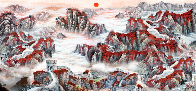 水墨长城美图jpg设计背景_新图网 https://ixintu.com 落日 长城 水墨画 迷雾 树 城墙 中国风 国画 海报banner