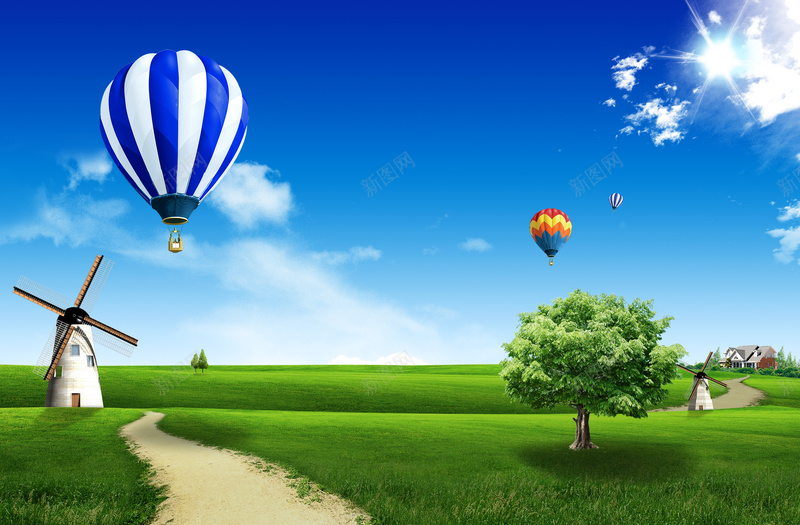 蓝色天空绿草地背景jpg设计背景_新图网 https://ixintu.com 蓝色天空绿草地背景 热气球 树木 风车 路 人家蓝色 科技 科幻 商务