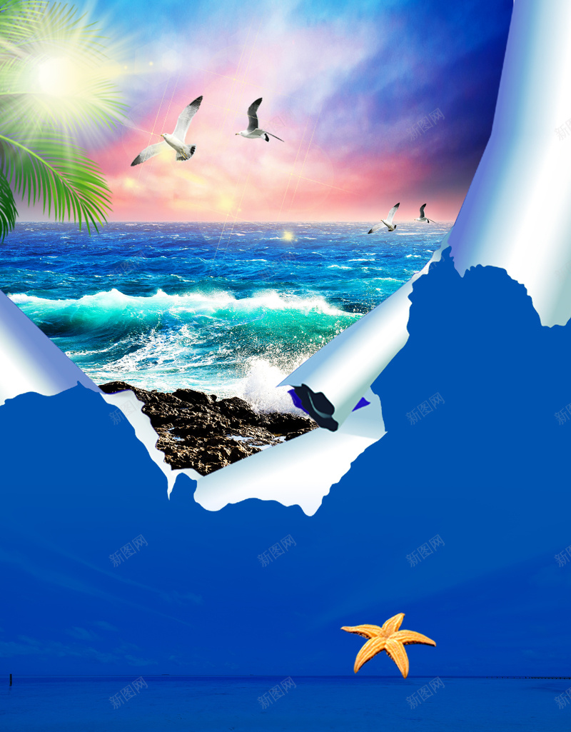 夏季海边旅游海报jpg设计背景_新图网 https://ixintu.com 清凉一夏 夏日 旅游 旅行 蓝色 海与你相遇 撕纸 海鸥 树叶