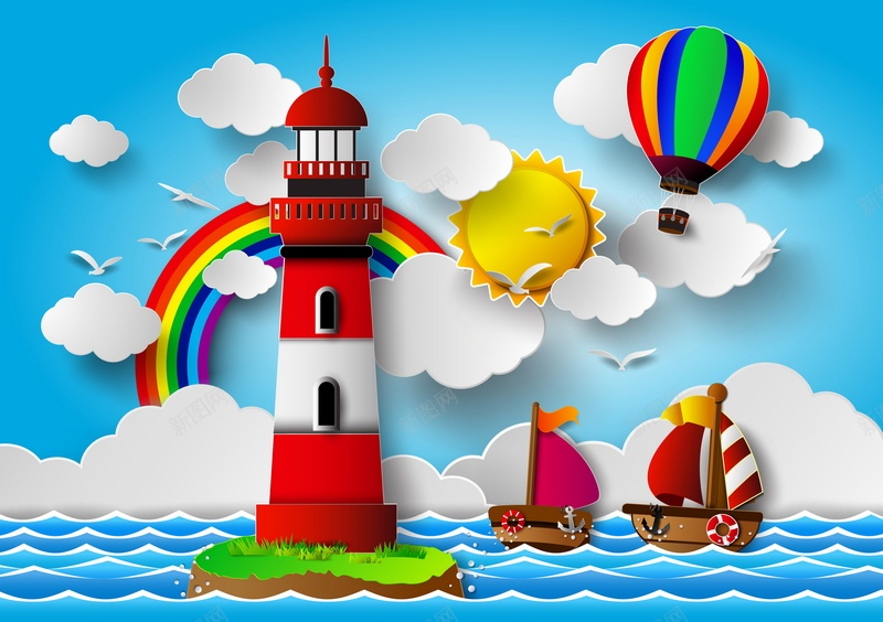 彩色卡通海报背景素材jpg设计背景_新图网 https://ixintu.com 高清背景大全 卡通 彩色 海报 背景 天空 海洋 灯塔 彩球 云朵 帆船 童趣 手绘