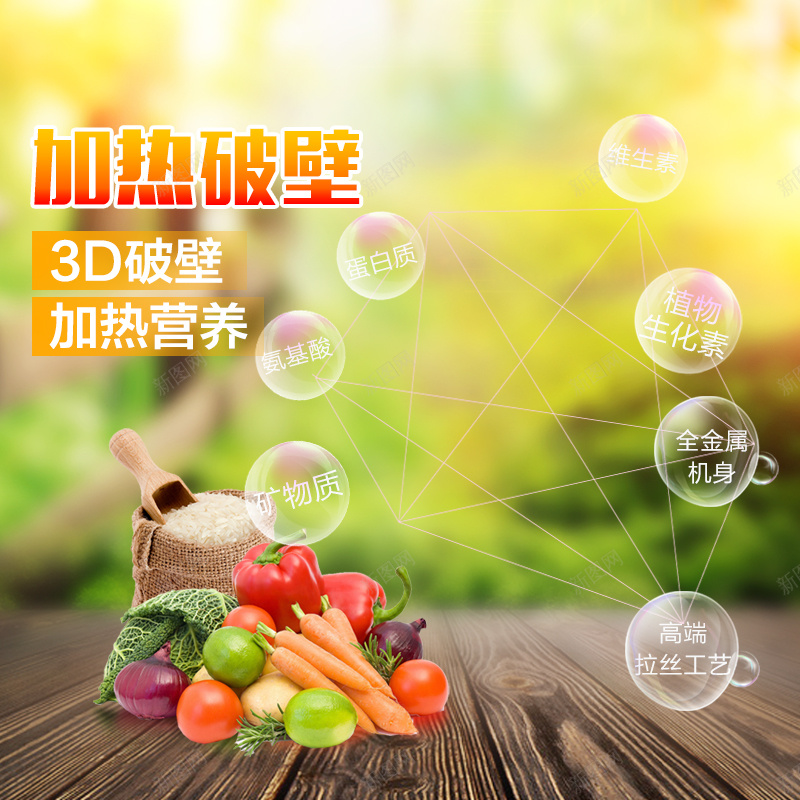破壁机豆浆机PSD分层主图jpg设计背景_新图网 https://ixintu.com 破壁机 豆浆机 电器 家电 蔬菜 水果 气泡 木板 料理机 风景 主图 直通车