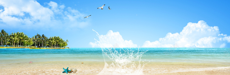 海边海水浪漫蓝色海报背景psd设计背景_新图网 https://ixintu.com 大海 水花 海边 白云 蓝天 海鸥 绿树 碧波 大气 浪漫 旅游 度假