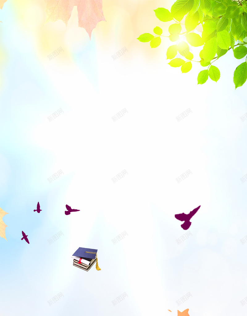 青春毕业季海报之我们毕业啦H5背景psdpsd设计背景_新图网 https://ixintu.com 我们毕业啦 毕业季 绿叶 阳光 青春 书本 学士帽 渐变 人物剪影 飞鸟 H5 psd下载 h5