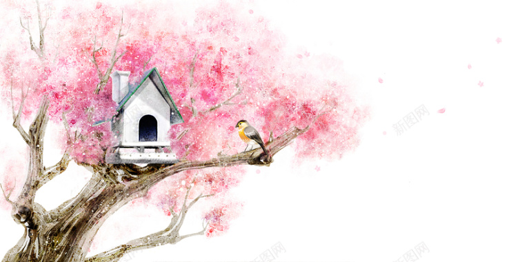 手绘喷绘水彩树枝小房子小鸟印刷背景背景