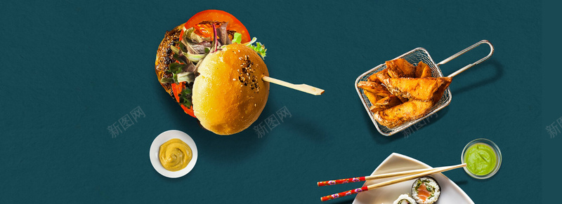 炸鸡背景jpg设计背景_新图网 https://ixintu.com 海报banner 文艺 汉堡 深蓝 食物 小清新 简约