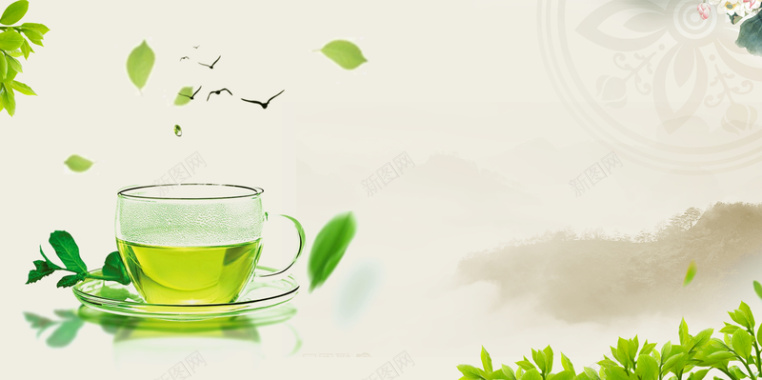 绿叶清新新茶上市广告海报背景素材背景